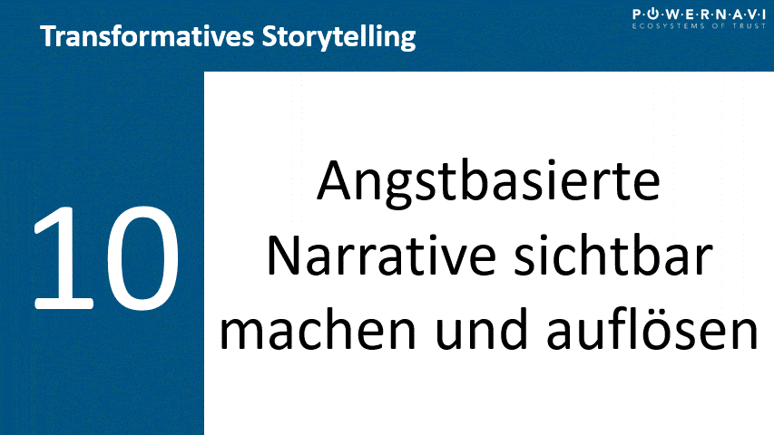 powernavi Transformatives Storytelling Organisationale Transformation erleichtern: Durch transformatives Storytelling von angstgetriebenem Verhalten zu vertrauensbasierter Ko-Kreation.